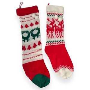 Christmas Stockings Knit with Pom Poms Set of 2 Woven Vintage Wreath Reindeer